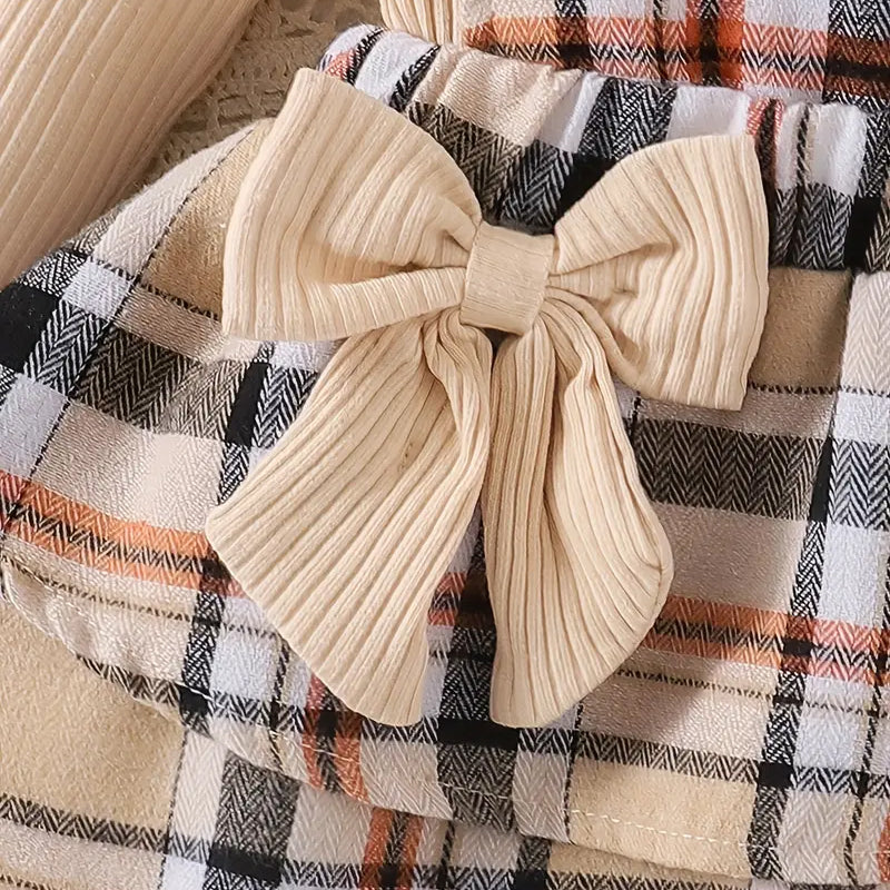 3PCS Stylish Plaid Printed Bowknot Long Sleeve Baby Set