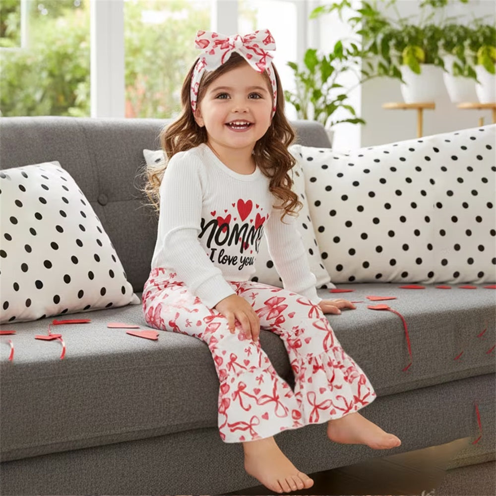 3PCS Mommy Love You Letter Bow Print Long Sleeve Baby Set