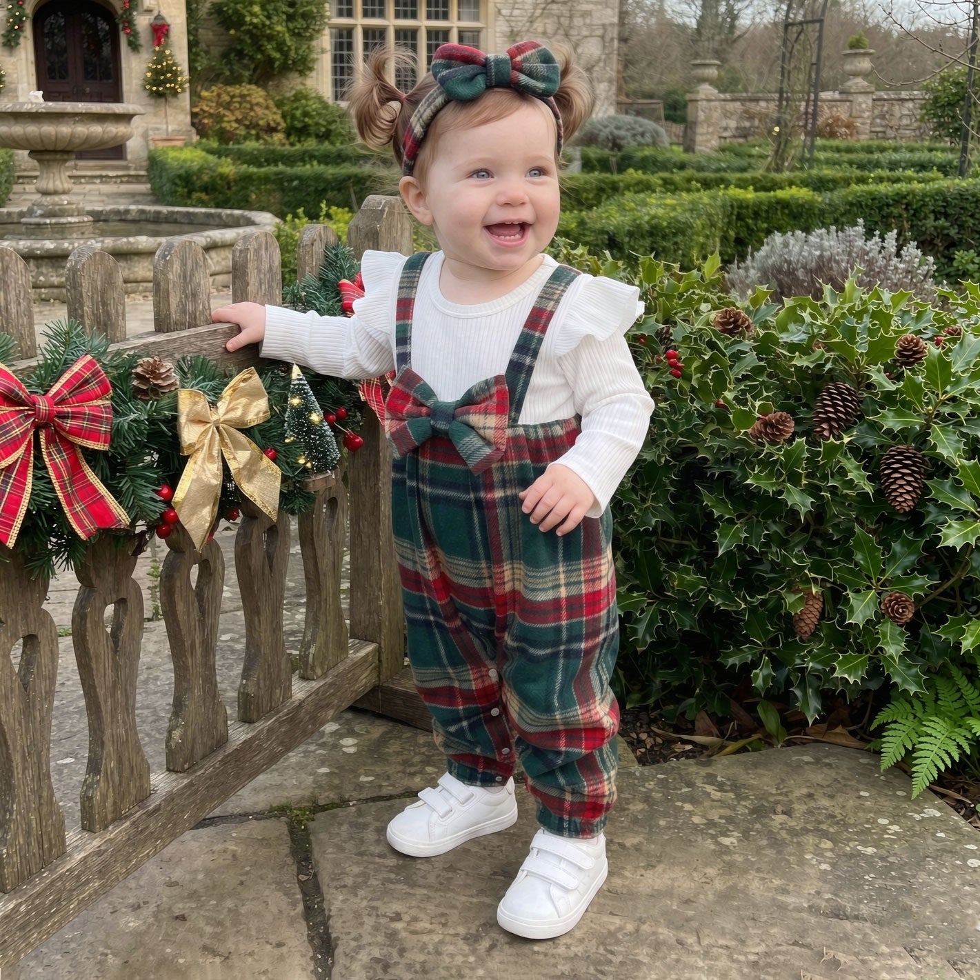 2PCS Chic Color Block Plaid Printed Long Sleeve Baby Girl Jumpsuit