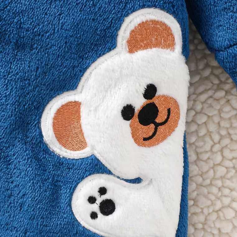 Fuzzy Bear Applique Long Sleeve Baby Hoodie Jumpsuit
