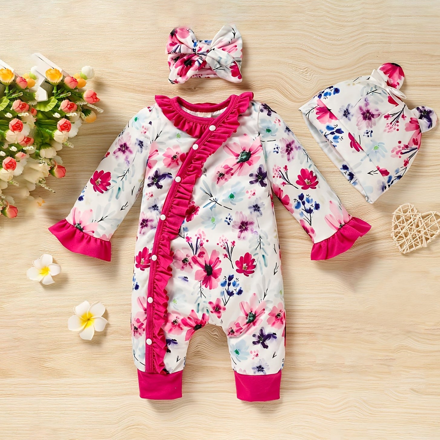 3PCS Lovely Floral Printed Ruffle Long Sleeve Baby Jumpsuit
