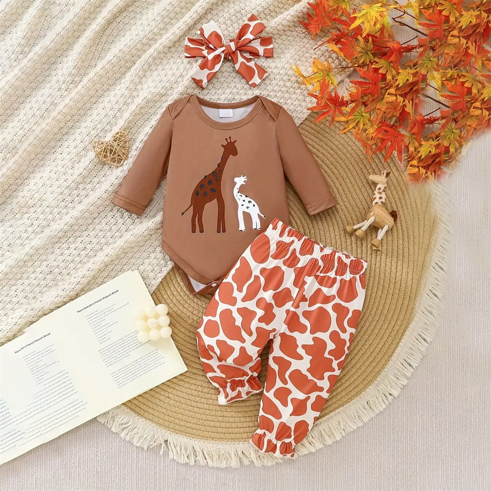 3PCS Cute Girls' Giraffe Print Long Sleeve Baby Set