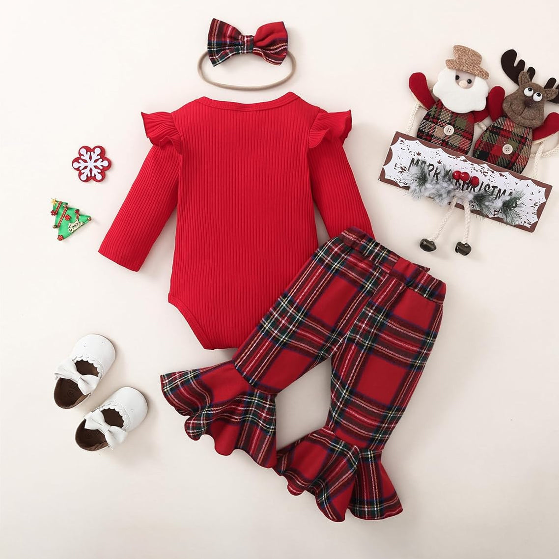 3PCS Christmas Plaid Printed Long Sleeve Baby Set