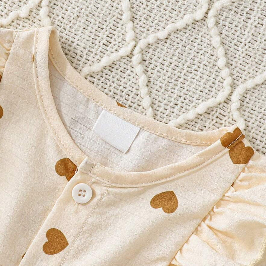 2PCS Delightful Heart Print Ruffle Long Sleeve Baby Girl Jumpsuit