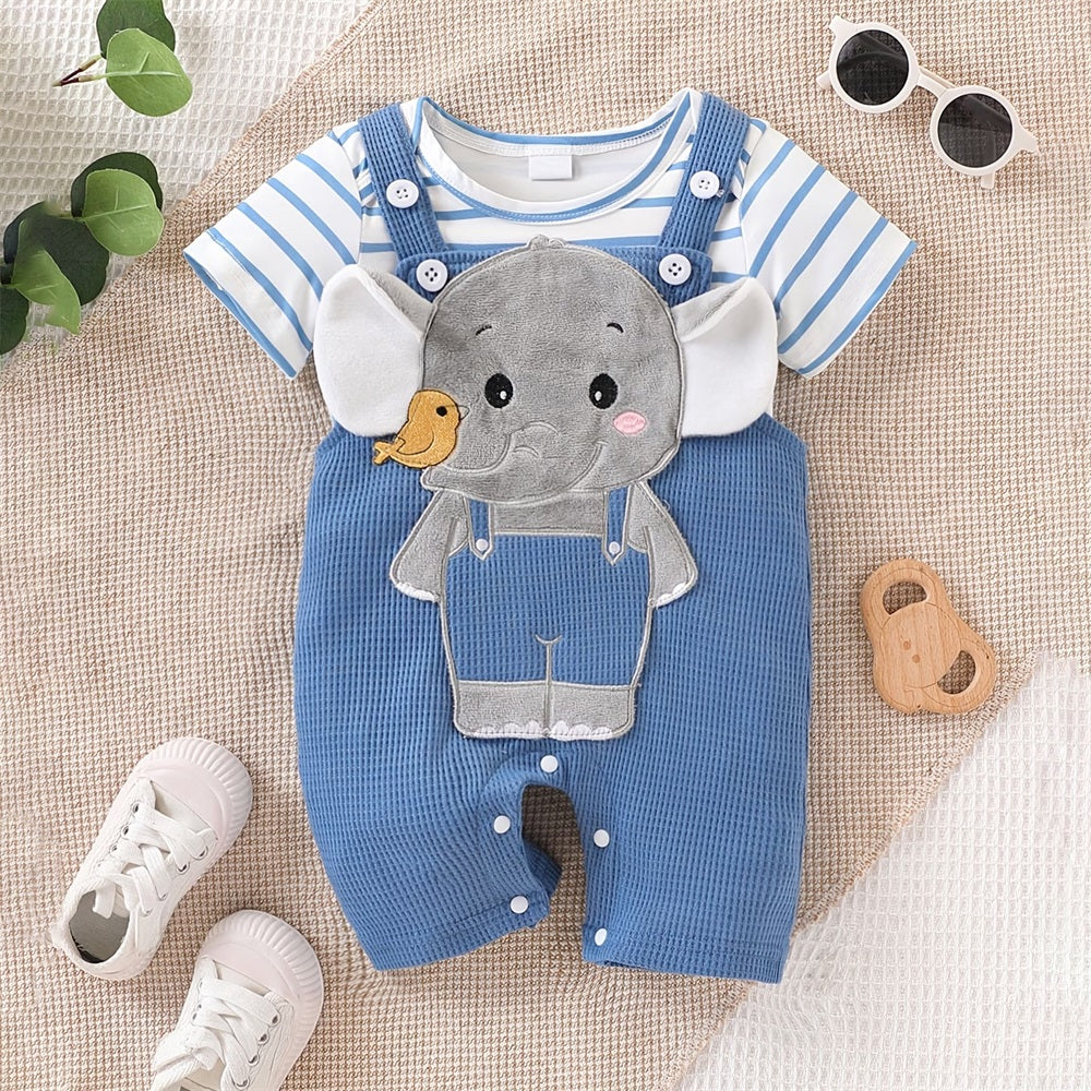 2PCS Summer Elephant Printed Striped Short Sleeve Baby Set