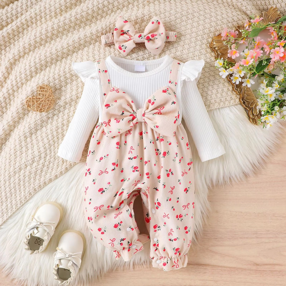 2PCS Sweet Floral Print Bowknot Long Sleeve Baby Jumpsuit