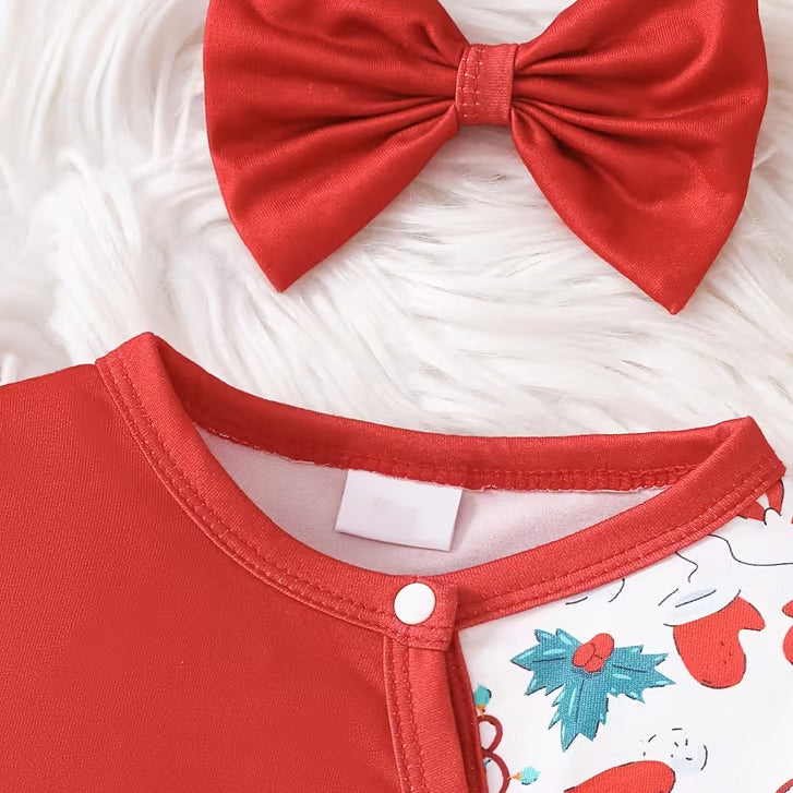 2PCS Lovely Mama Claus Letter Holiday Print Bow Baby Girl Jumpsuit