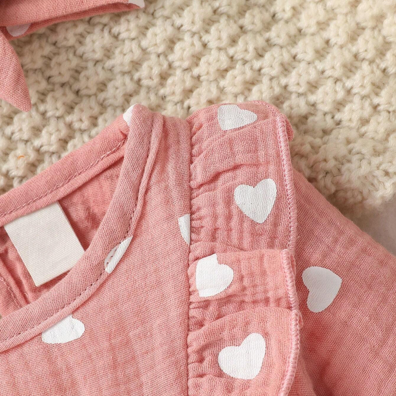 2PCS Heart Printed Bowknot Decor Long Sleeve Baby Jumpsuit