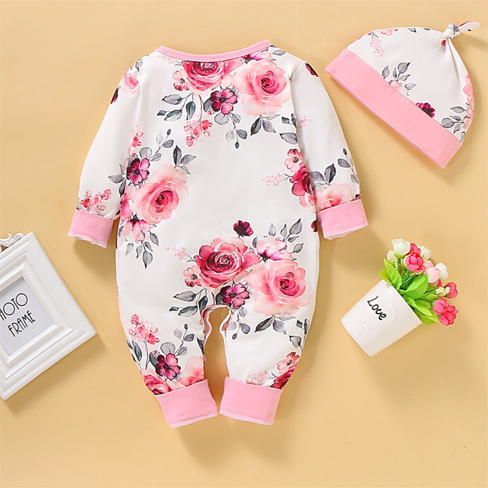 2PCS Stylish Floral Print Frill Trim Long Sleeve Baby Jumpsuit
