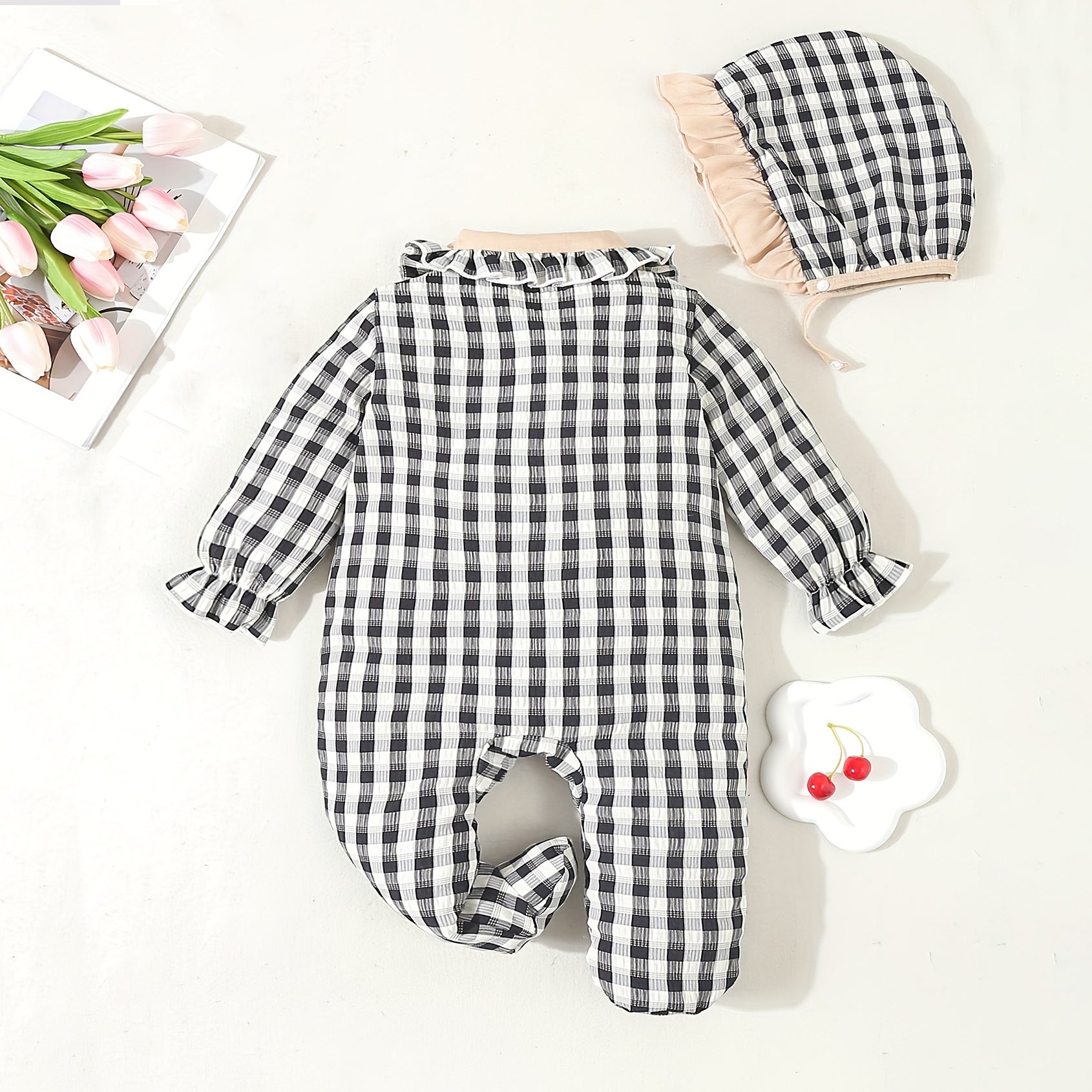 2PCS Casual Floral Embroidery Gingham Long Sleeve Jumpsuit