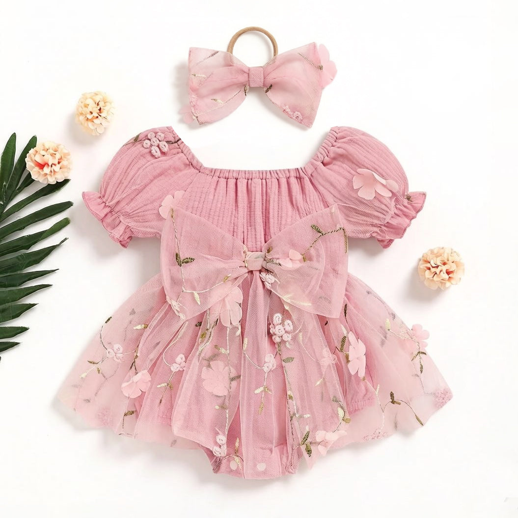 2PCS Gorgeous Floral Embroidery Puff Sleeve Baby Romper
