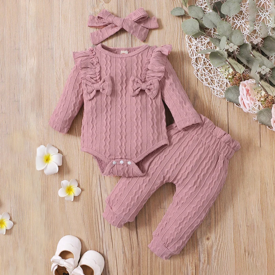 3PCS Lovely Solid Color Bow Long Sleeve Baby Set