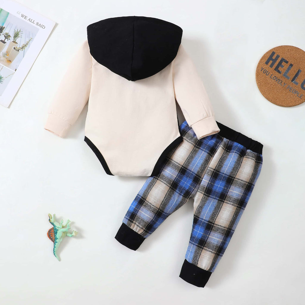 2PCS Mama's Boy Letter Plaid Printed Hoodie Baby Set