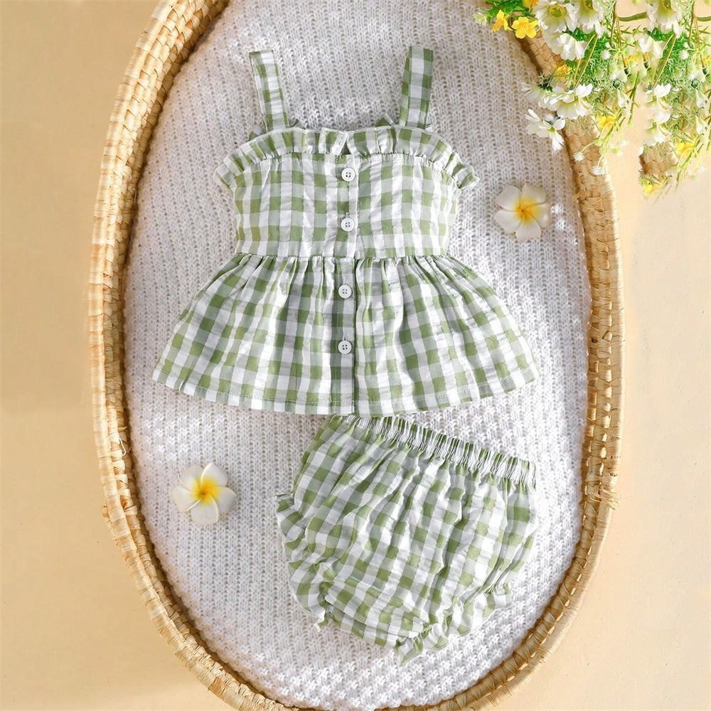 2PCS Summer Plaid Printed Sleeveless Baby Set