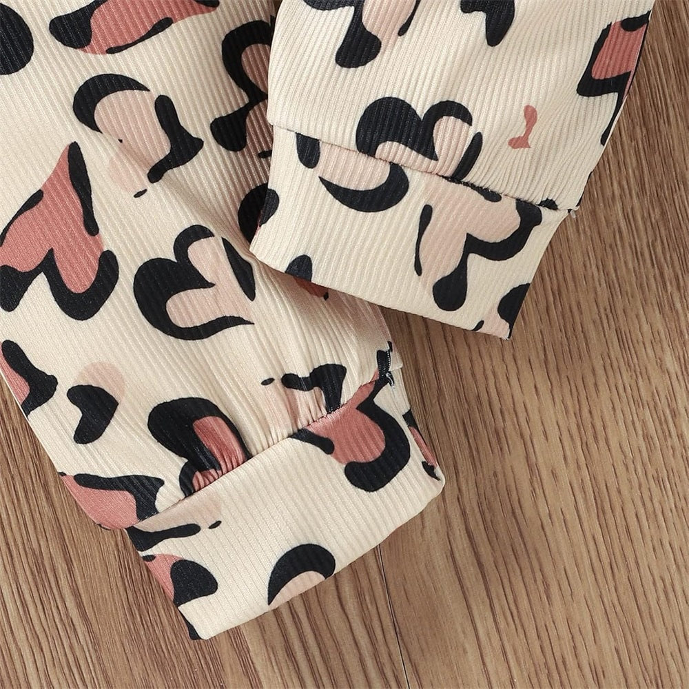 2PCS Heart Leopard Print Long Sleeve Baby Jumpsuit