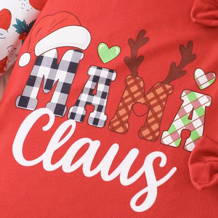 2PCS Lovely Mama Claus Letter Holiday Print Bow Baby Girl Jumpsuit