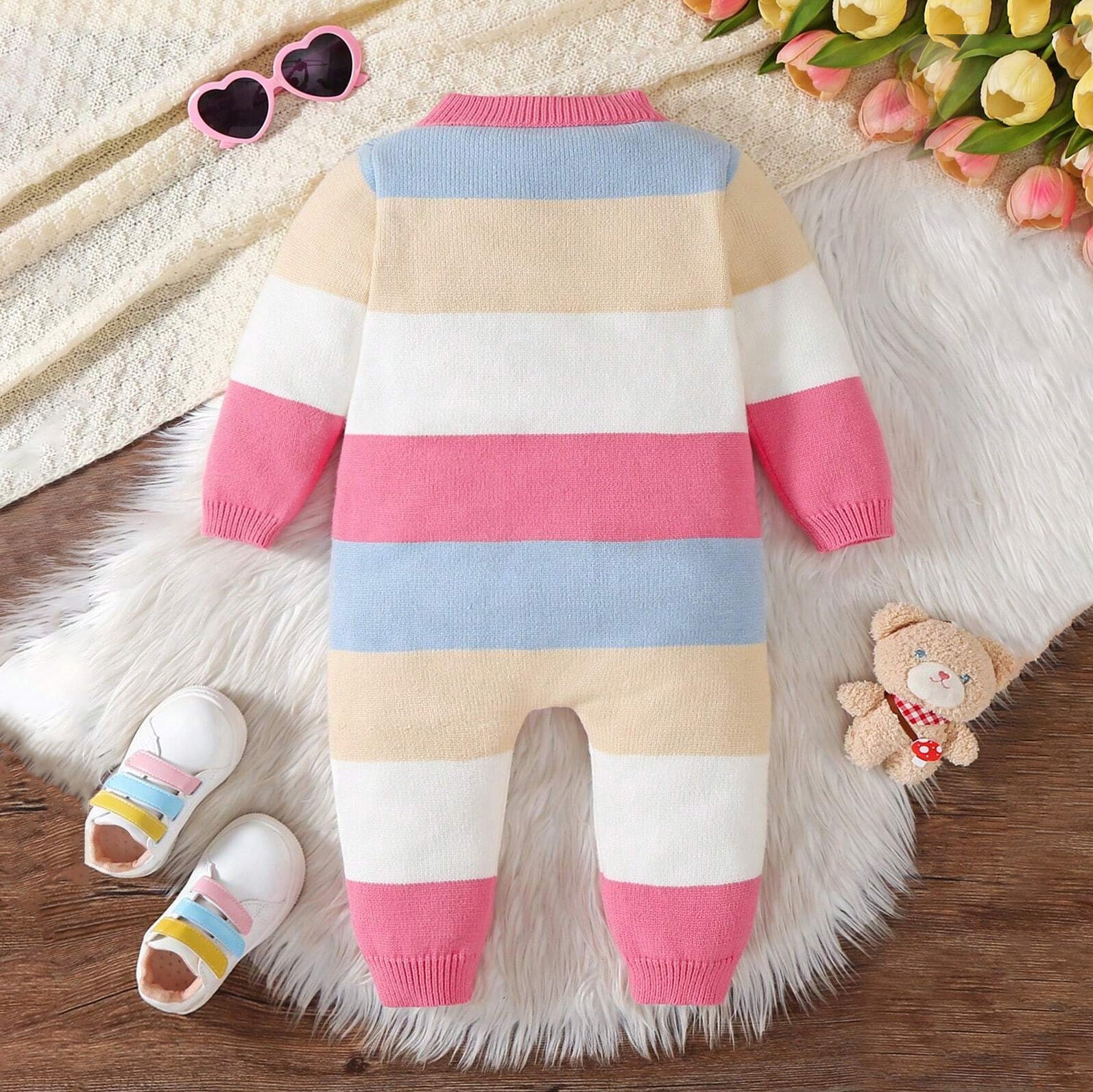 Trendy Multi-Color Contrast Knitted Long Sleeve Baby Jumpsuit