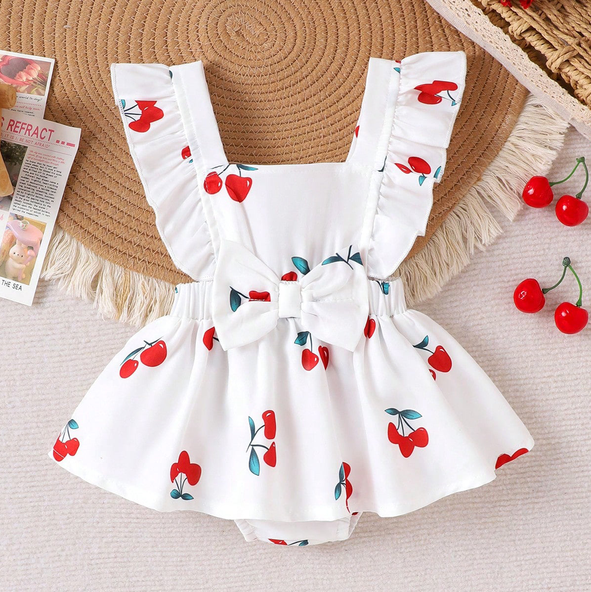 Sweet Cherry Printed Bowknot Flounce Sleeve Baby Romper