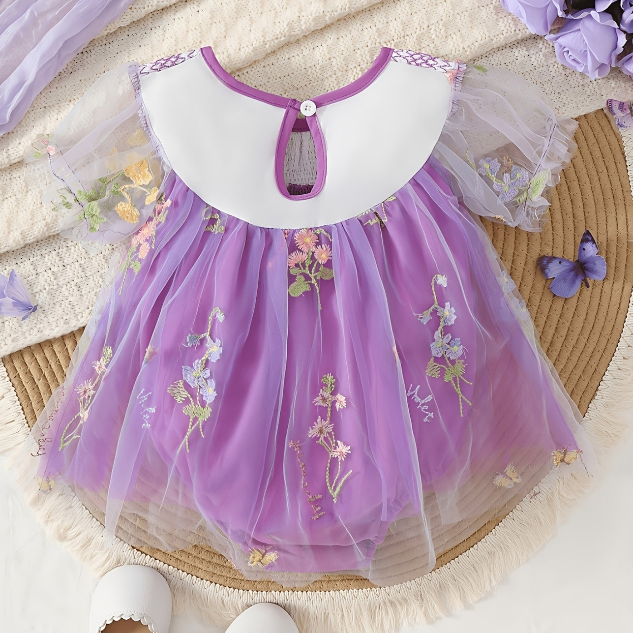 Graceful Floral Embroidery Short Sleeve Mesh Baby Romper