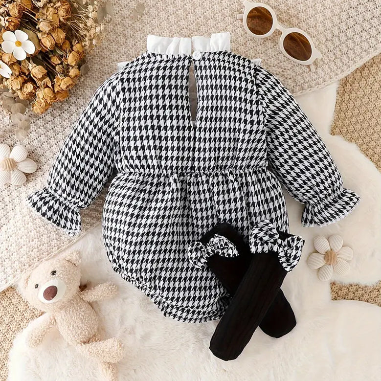 2PCS Lovely Houndstooth Printed Bow Long Sleeve Baby Romper