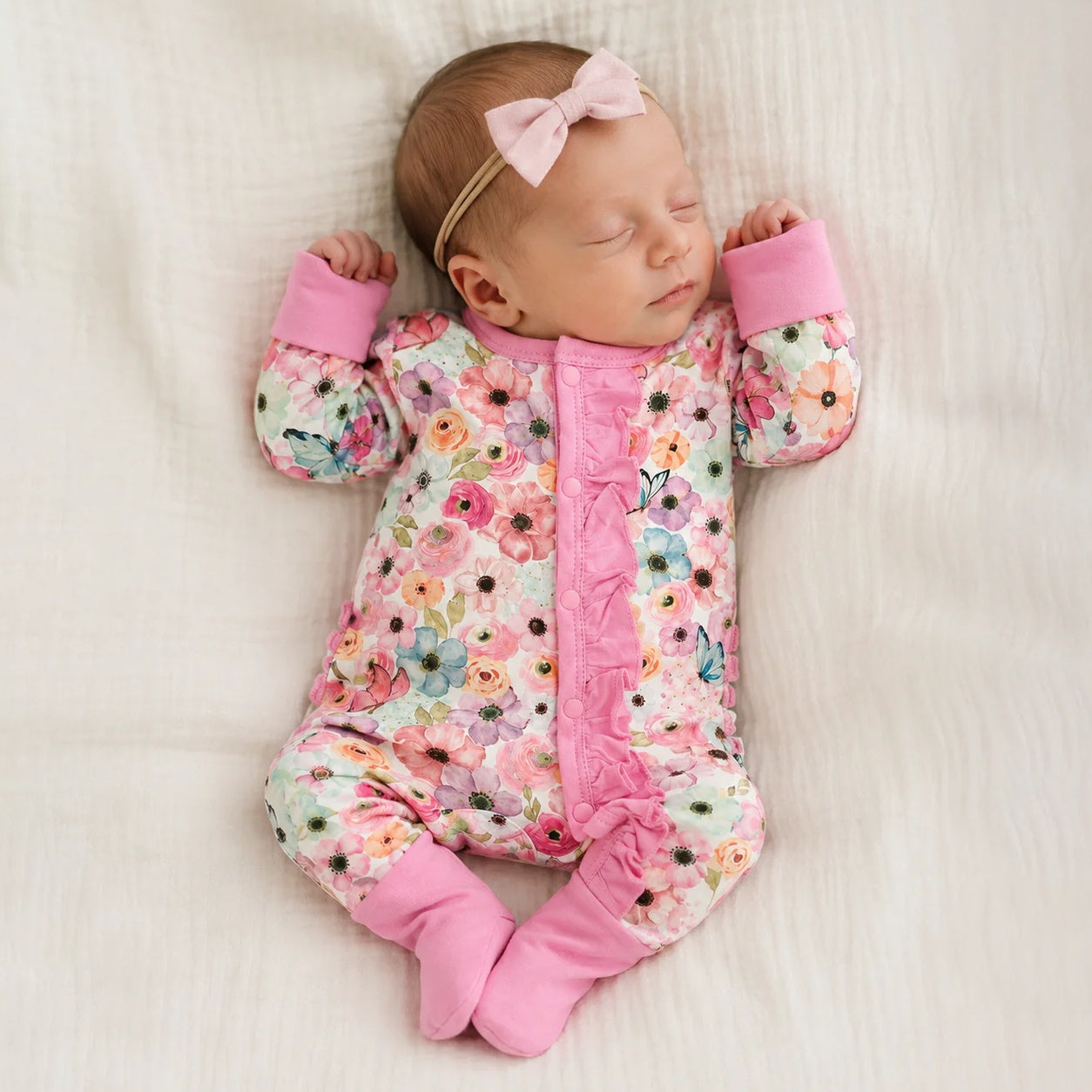 Pretty Floral Print Ruffle Long Sleeve Baby Girl Jumpsuit