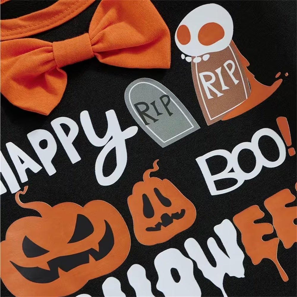 2PCS Happy Boo Halloween Letter Ghost Pumpkin Print Baby Set