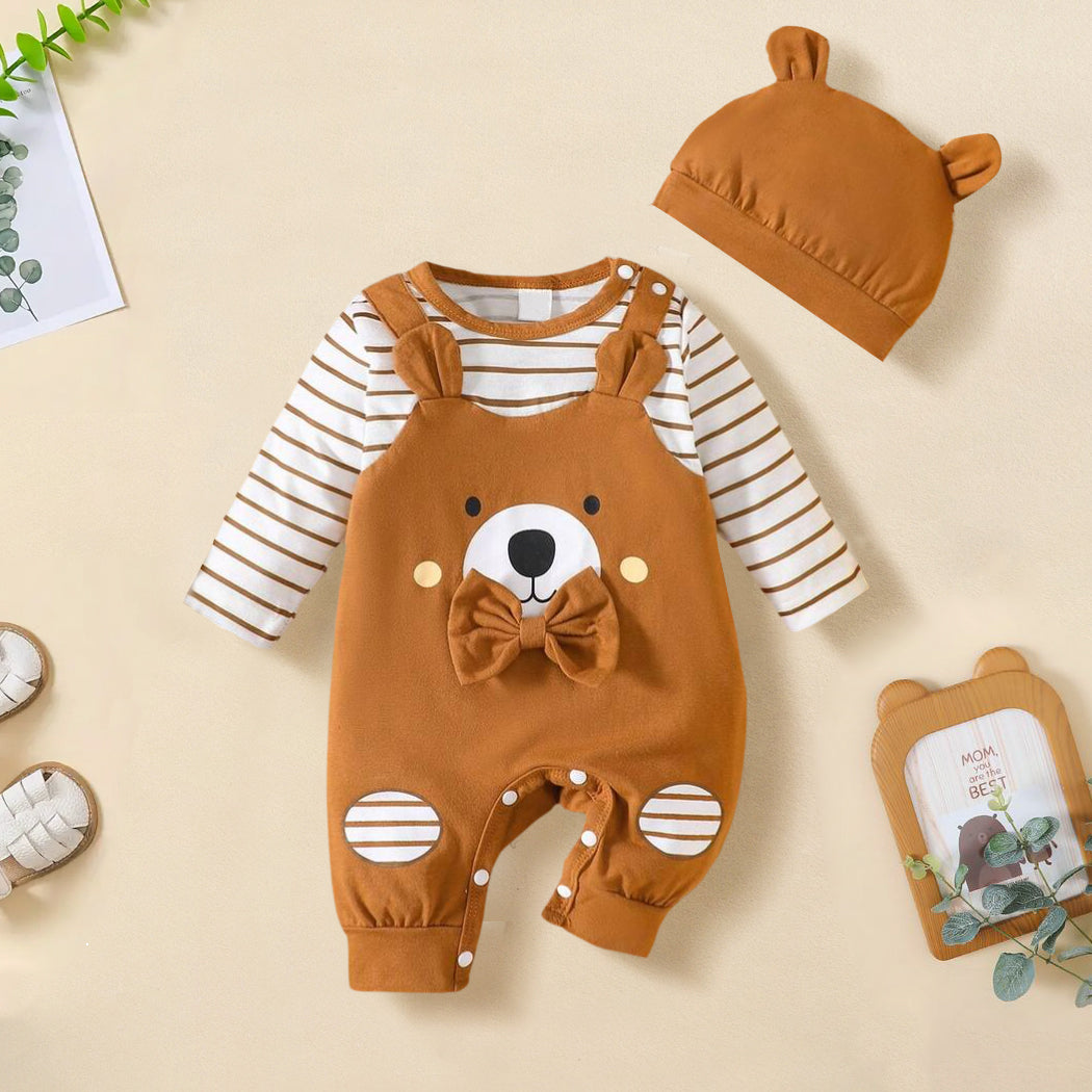 2PCS Cute Bear Stripe Printed Long Sleeve Baby Jumpsuit