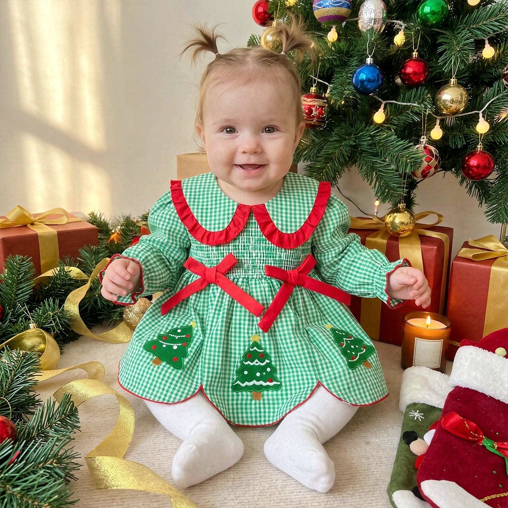 Lovely Christmas Santa Claus Plaid Printed Long Sleeve Baby Romper