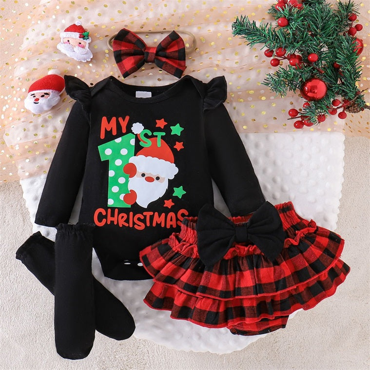 4PCS Lovely My 1st Christmas Letter Plaid Santa Claus Print Baby Set