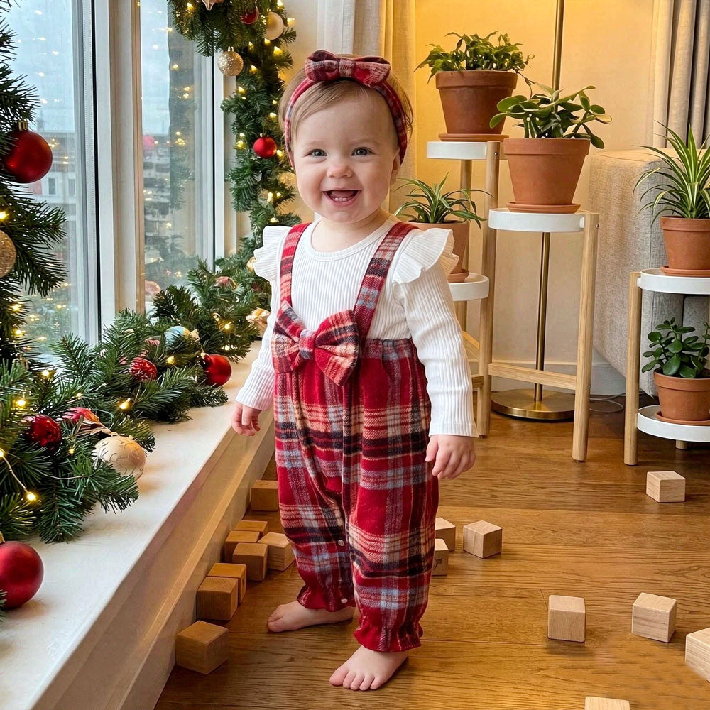 2PCS Chic Color Block Plaid Printed Long Sleeve Baby Girl Jumpsuit