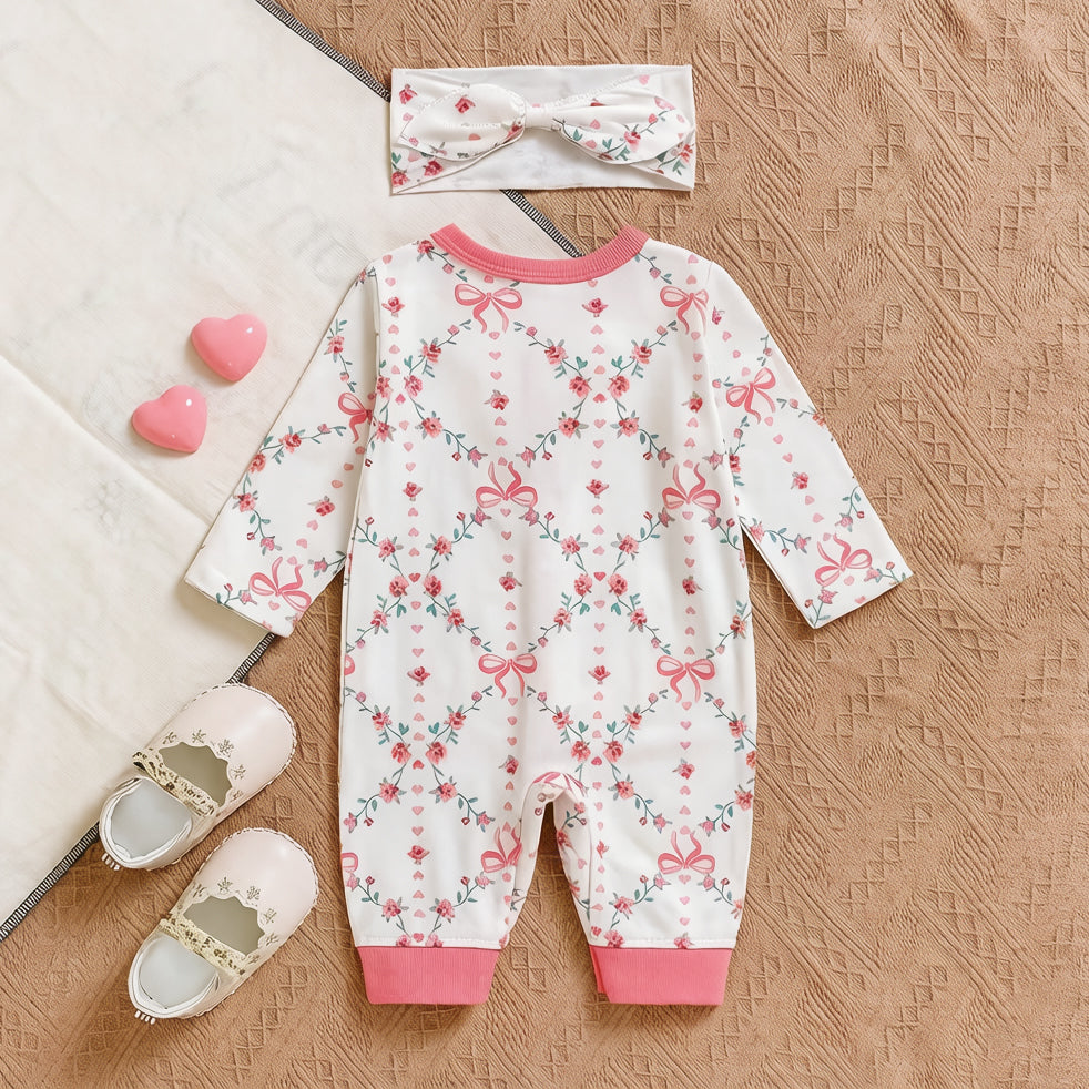 2PCS Delightful Floral Bow Print Ruffle Baby Jumpsuit