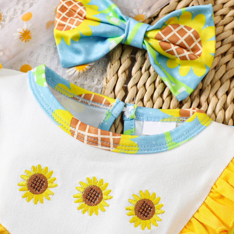 2PCS Sweet Sunflower Print Bow Flutter Sleeve Baby Romper