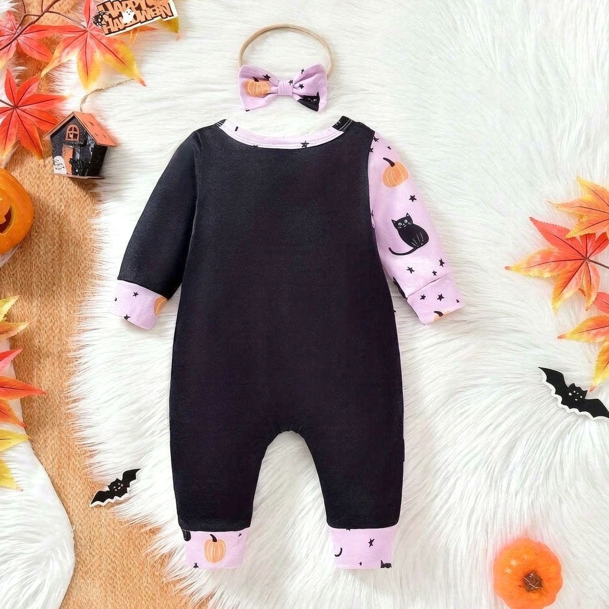 2PCS My 1st Halloween Letter Cat and Stars Printed Baby Girl Jumpsuit