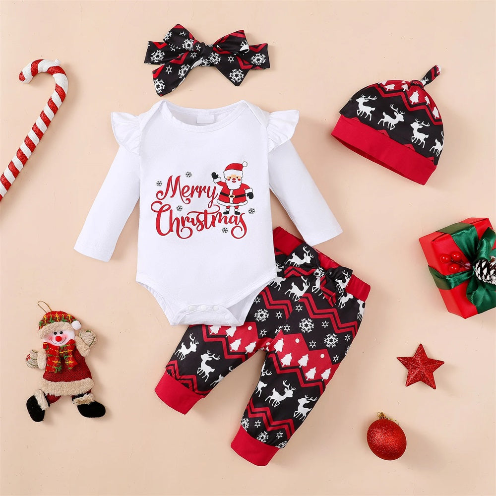 4PCS Merry Christmas Letter elk Print Long Sleeve Baby Set