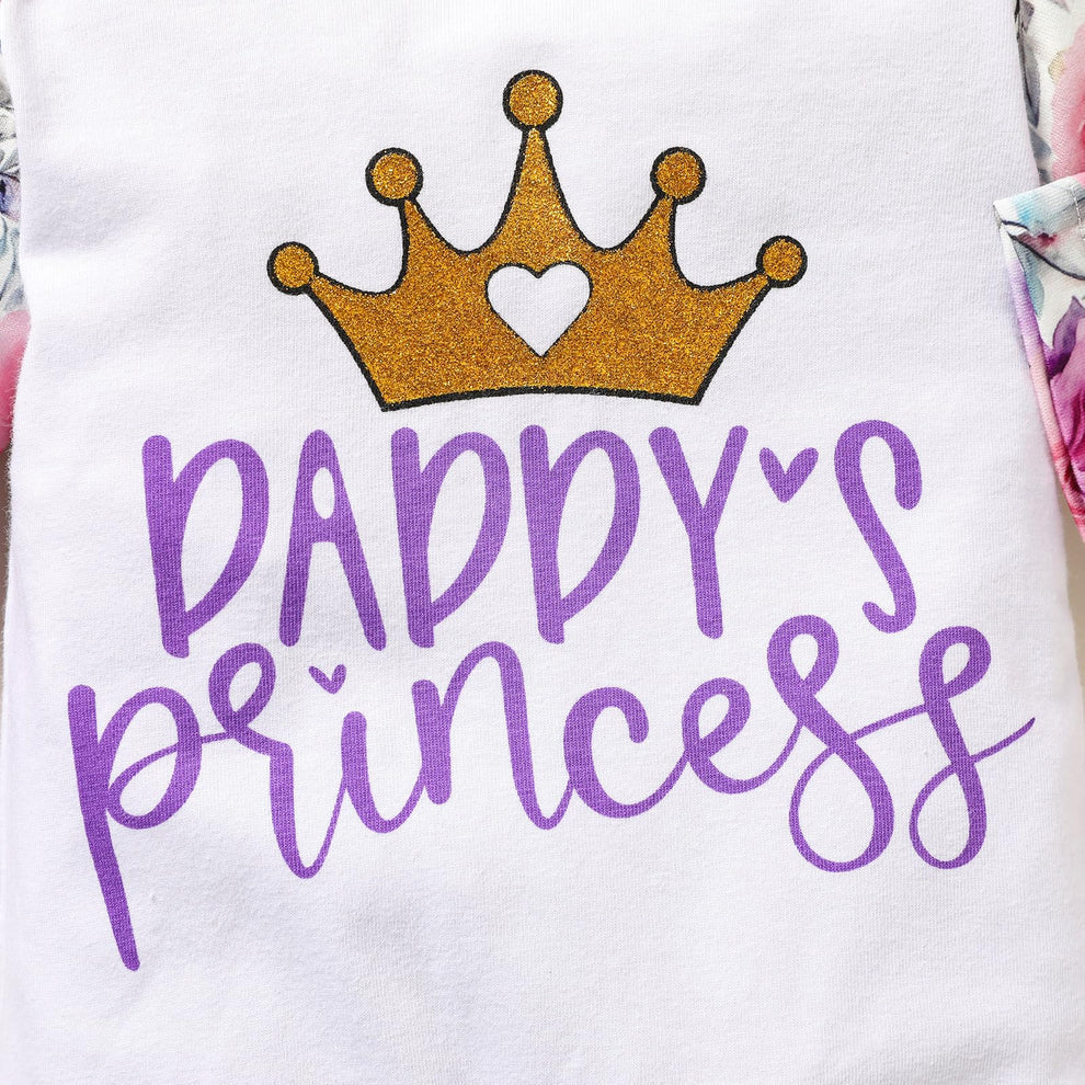 2PCS Daddy's Princess Letter Crown and Floral Print Baby Jumpsuit