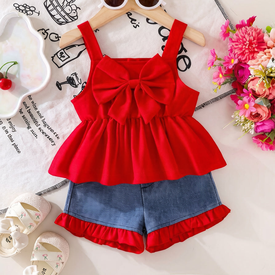 2PCS Grace Color Blocking Bow Sleeveless Denim Baby Set