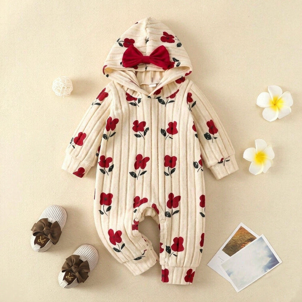 Sweet Floral Print Long Sleeve Hoodie Baby Girl Fleece Jumpsuit