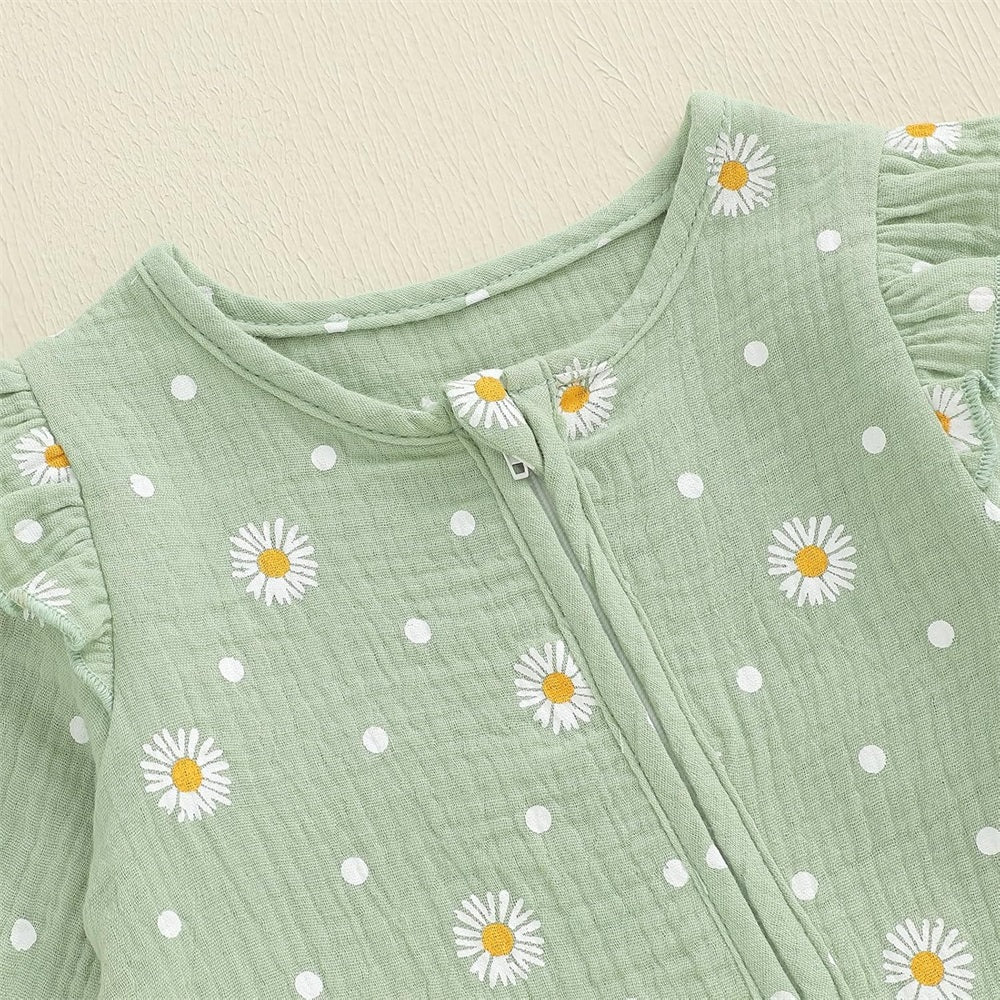 Casual Daisy Print Long Sleeve Zipper Baby Jumpsuit