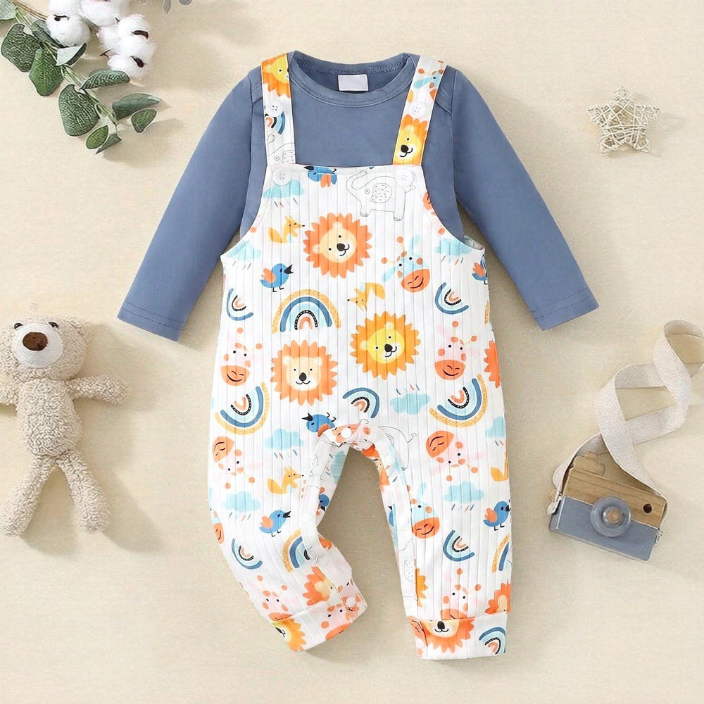 2PCS Cute Animal Print Long Sleeve Baby Boy Overalls Set