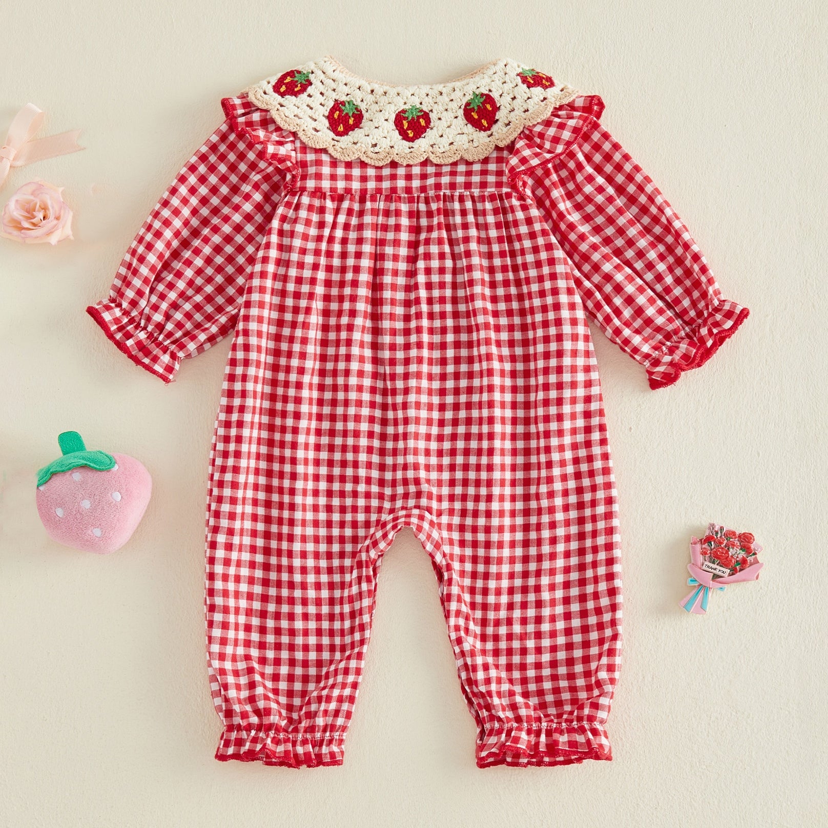 Strawberry Embroidery Plaid Print Long Sleeve Baby Jumpsuit