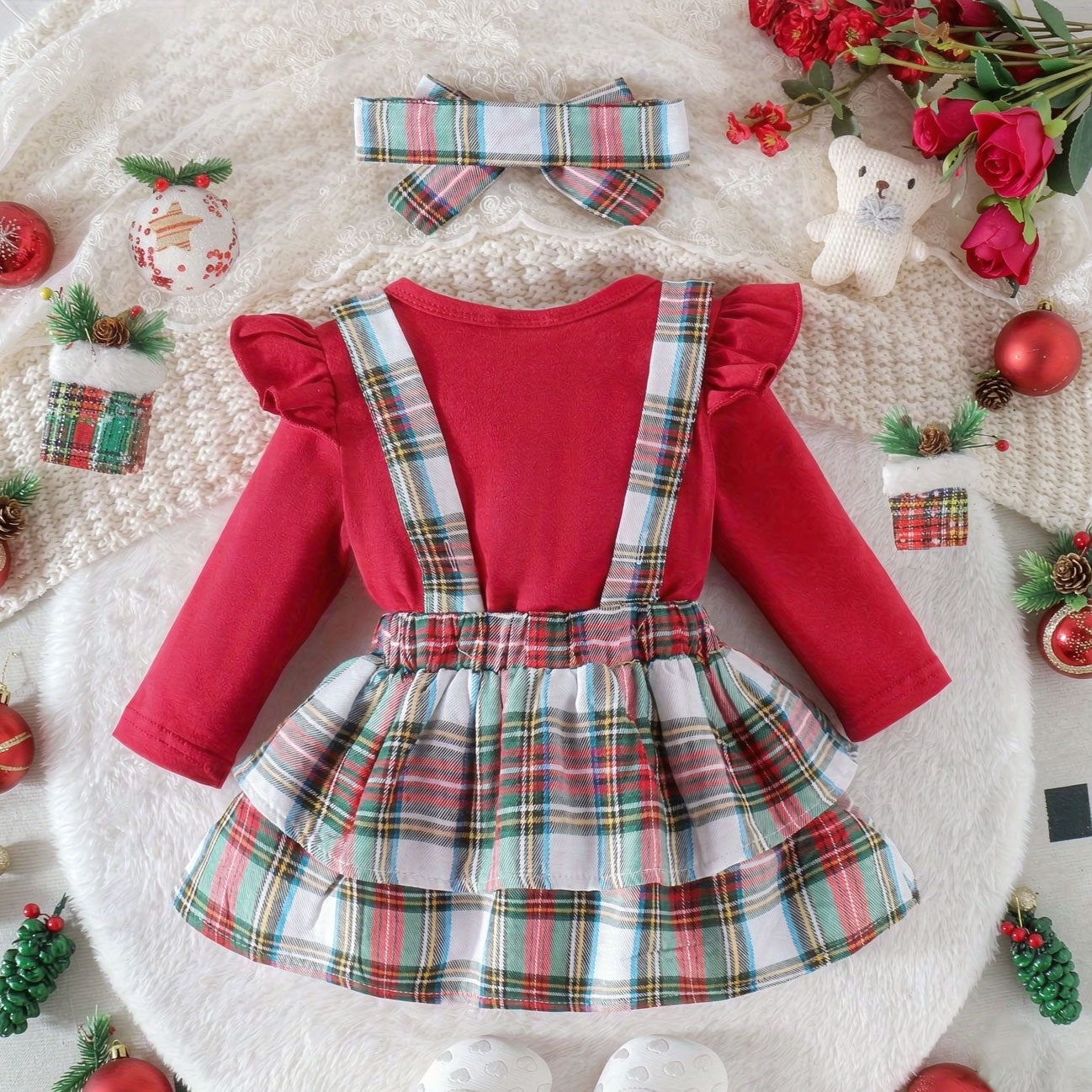 3PCS Lovely 3D Deer Appliqué Plaid Printed Baby Overall Dress Set