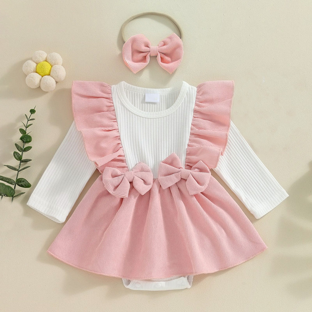 2PCS Pretty Baby Girl Ruffle Color Block Long Sleeve Romper