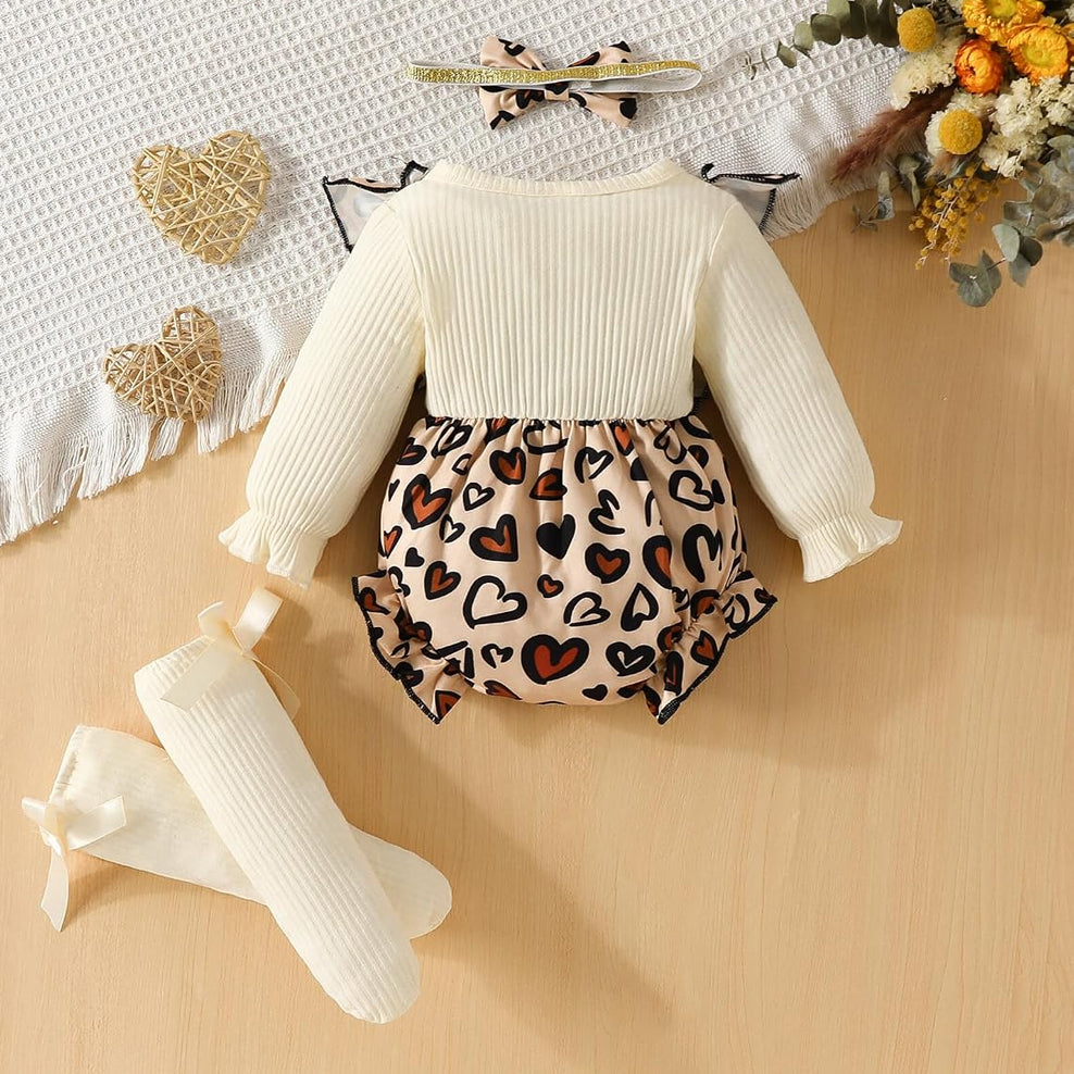3PCS Adorable Heart Print Long Sleeve Baby Romper