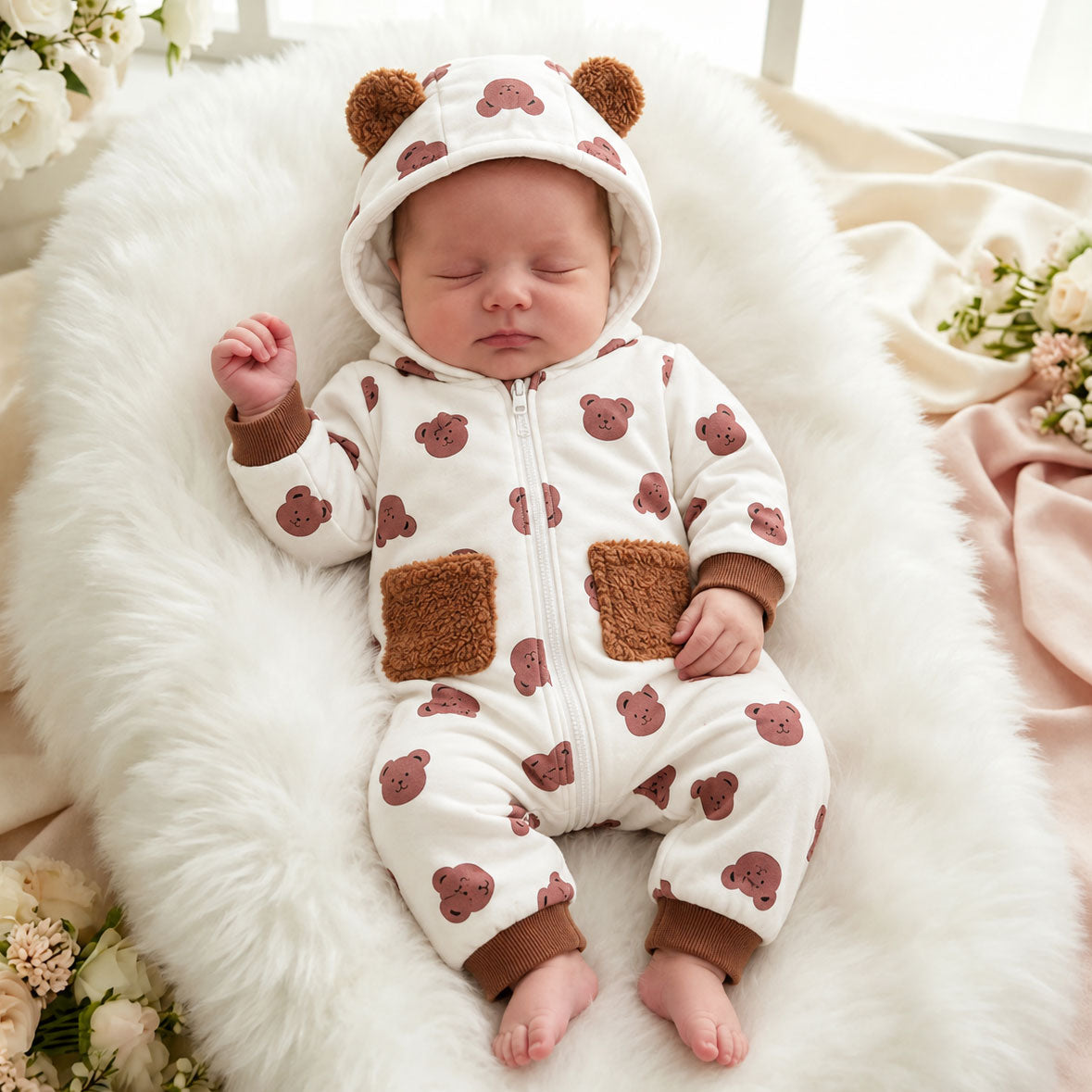 Cozy All-Over Bear Printed Hoodie Long Sleeve Baby Jumpsuit