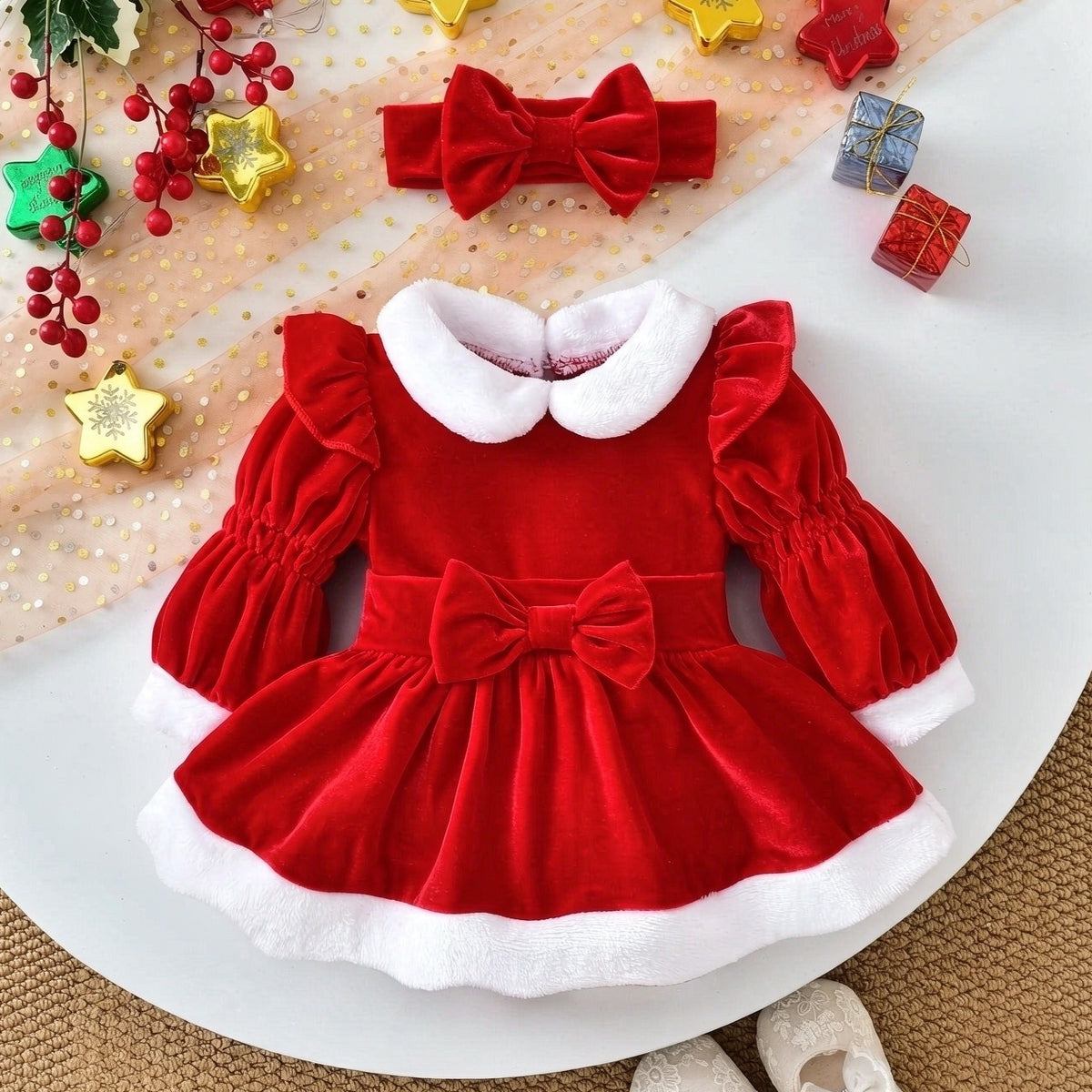 2PCS Color Block Long Sleeve Christmas Baby Girl Velvet Romper