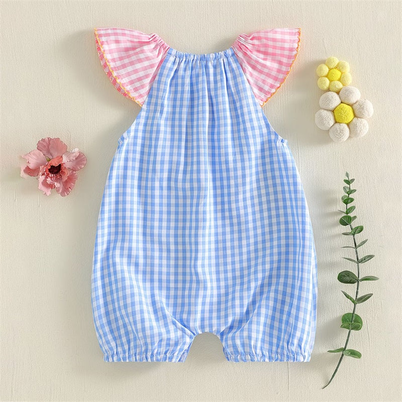 Cute Floral Embroidery Plaid Fly Sleeve Baby Jumpsuit