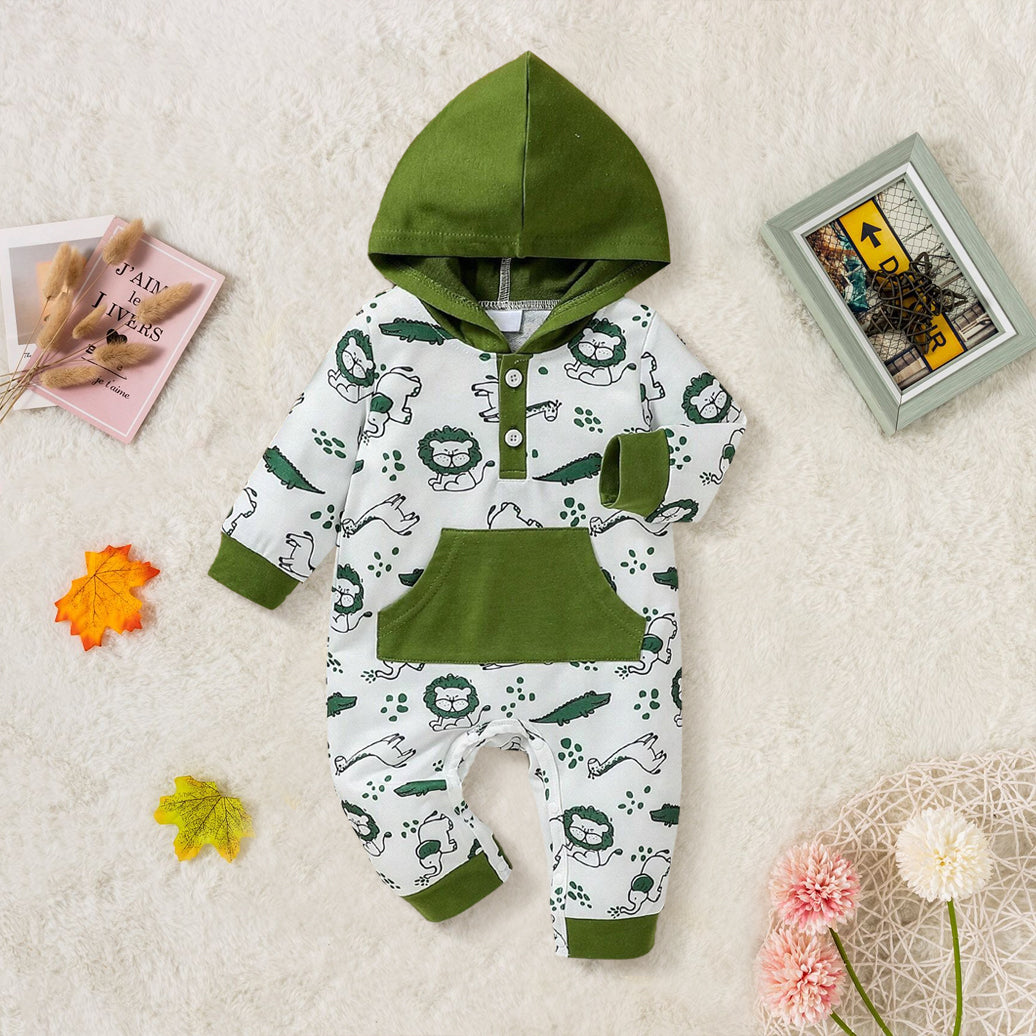 Cute Animal Printed Hooded Long Sleeve Baby Jumpsuit