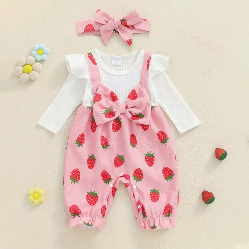 2PCS Sweet Strawberry Printed Ruffled Long Sleeve Baby Jumpsuit