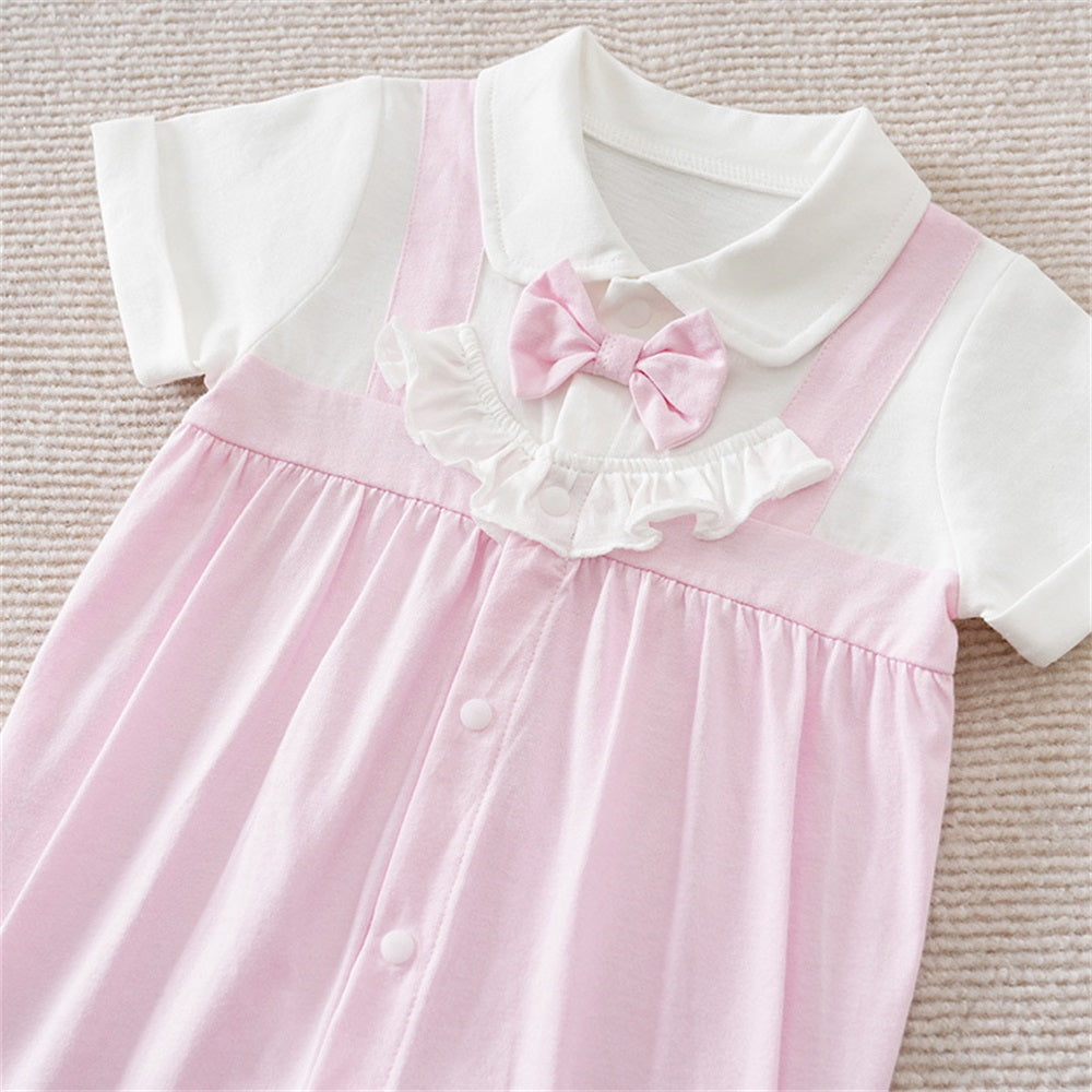 Sweet Pink Lapel Short Sleeve Baby Jumpsuit