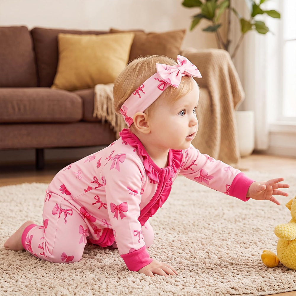 3PCS Pretty Bow Print Ruffle Zipper Long Sleeve Baby Jumpsuit